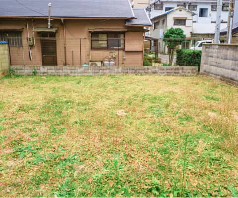 一軒家の裏手にある草の生えた敷地